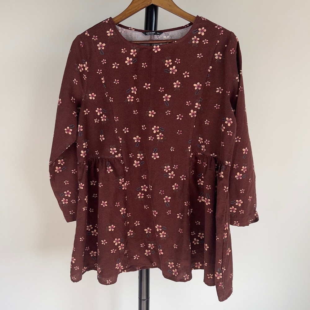 SHEIN Curve Floral Babydoll Tunic Top Burgundy Brown Cotton Linen Feel 0XL